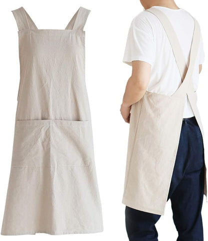 NEWGEM Japanese Cotton Linen Cross Back Cooking Apron for Women Men with Pockets Cute for Baking Kitchen