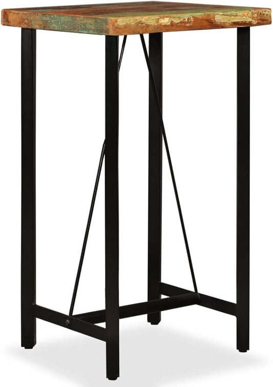Small Bar Table Reclaimed Wood Top Black Steel Legs Multicolored Finish 23.6x23.6x42.1 Inches Counter Height Square Shape for Kitchen Island Bistro Dining Compact Spaces