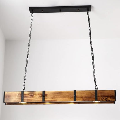 Farmhouse Wooden Light Fixtures Kitchen Island Pendant Lamp Retro Wood and Metal Hanging Light for Living Dining Room Bar Cafe, 4 Lights, 39.4X 3.1x 3.7in