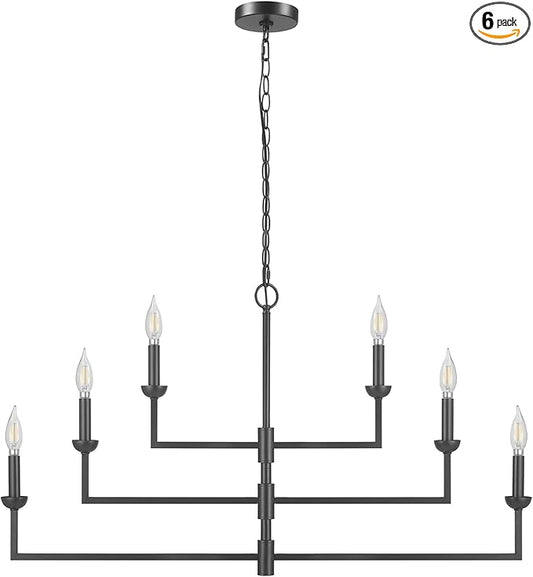 Globe Electric 67000125 6-Light Chandelier, Matte Black, 3-Tier Construction, Black Chain, Swivel Arms, Candelabra Base Bulbs, Ceiling Light Fixture, Chandeliers for Dining Room, Home Decor