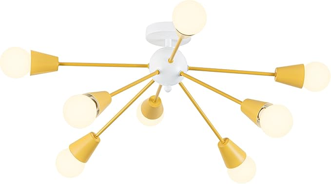 Yellow Sputnik Ceiling Light Fixture, 8-Lights Kids Ceiling Light Semi Flush Mount Ceiling Lights for Bedroom Entryway Kitchen