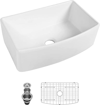 33 White Farmhouse Kitchen Sink Arched Apron - Kichae 33 Inch Kitchen Sink Apron Front White Fireclay Ceramic Porcelain Single Bowl Farm Style Kitchen Sinks Basin