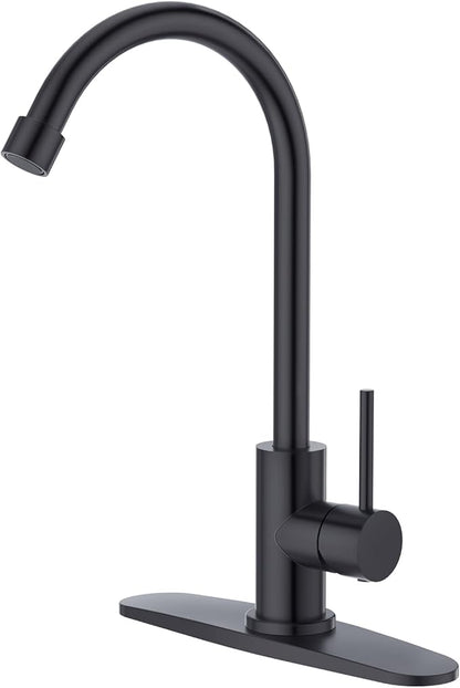 CREA Cold Water Only Matte Black Faucet for Kitchen Bar Outdoor Sink 1 Hole 3Holes(with Deck Plate)，High Arc 360°Swivle Single Handle Cold Water Tap 304 Stainless Steel