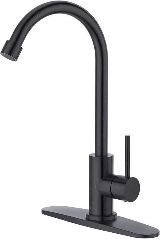 CREA Cold Water Only Matte Black Faucet for Kitchen Bar Outdoor Sink 1 Hole 3Holes(with Deck Plate)，High Arc 360°Swivle Single Handle Cold Water Tap 304 Stainless Steel