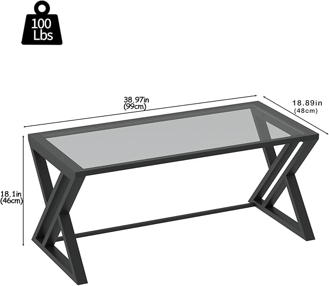 Wolawu Coffee Table Grey Glass Coffee Table for Living Room,Modern Rectangular Center Table with Sturdy Metal Frame,Tempered Glass Tables for Bedroom Home Office