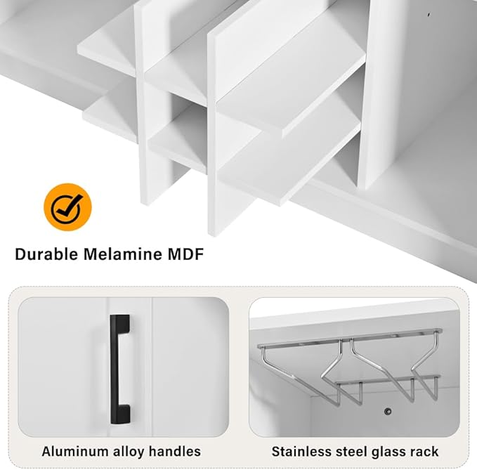 Virubi 47.2" Kitchen Island with Storage, Bottle Rack & Glass Holder, Wood Buffet Sideboard with Side Shelves, Drop Leaf & Power Outlet (White)