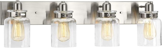 Progress Lighting P300048-009 Calhoun Collection Clear Glass Farmhouse Bath Vanity Light, 4-Light, Brushed Nickel