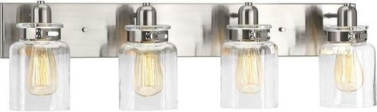 Progress Lighting P300048-009 Calhoun Collection Clear Glass Farmhouse Bath Vanity Light, 4-Light, Brushed Nickel