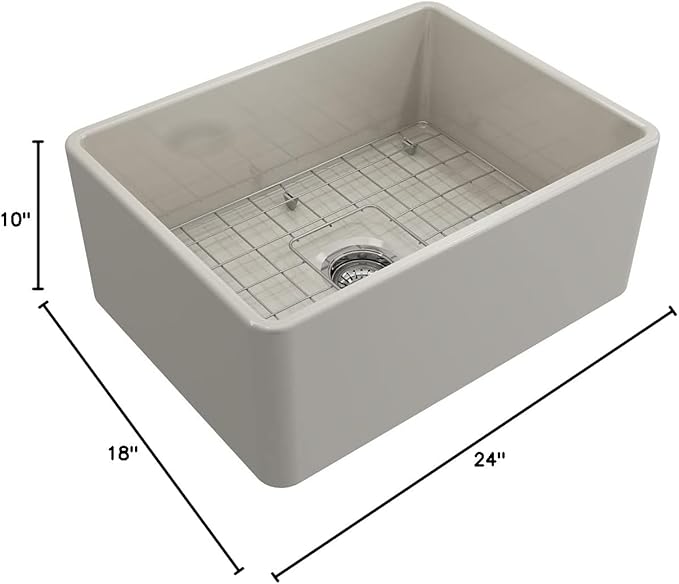 BOCCHI Classico Farmhouse Apron Front Fireclay 24 in. Single Bowl Kitchen Sink with Protective Bottom Grid and Strainer in Biscuit