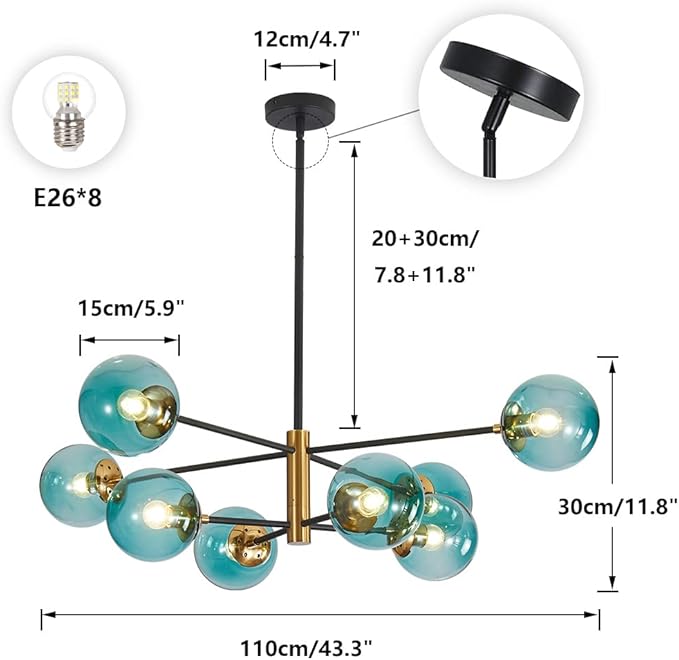 BOKT Modern Sputnik Chandelier 8-Lights Blue Glass Globe Chandelier Mid Century Pendant Light Fixture for Dining Room, Living Room, Island Kitchen, Bedroom