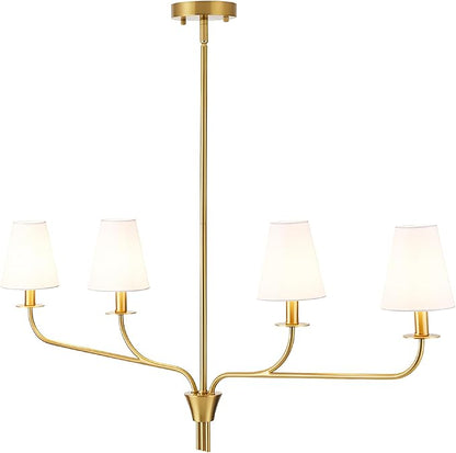 Modern 42" Linear Chandelier for Kitchen Island & Dining Room - 4-Light Gold Finish with White Fabric Shades, Adjustable Hanging Pendant Light Fixture, E12