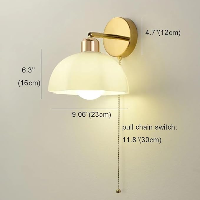 White Glass Wall Light Fixture Vintage Wall Sconces with Pull Chain Switch Brushed Gold Brass Sconce Wall Lighting Retro White Flower Glass Sconce for Bedroom Kitchen Hallway