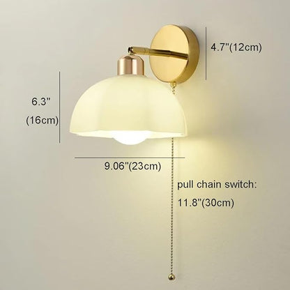 White Glass Wall Light Fixture Vintage Wall Sconces with Pull Chain Switch Brushed Gold Brass Sconce Wall Lighting Retro White Flower Glass Sconce for Bedroom Kitchen Hallway
