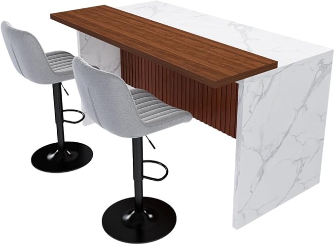 63 Inch Kitchen Island with 4 Deep Brown Bar Stools – White Marble Countertop, Integrated LED Lighting & Grille Design, Multi-Functional Breakfast Bar for Dining Rooms, (White+2grey)