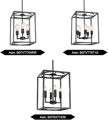 BONLICHT Rustic Hall Foyer Cage Chandelier 3-Light Vintage Industrial Farmhouse Lantern Square Pendant Hanging Lighting Black Kitchen Island Ceiling Light Fixture for Dining Room Hallway Bar