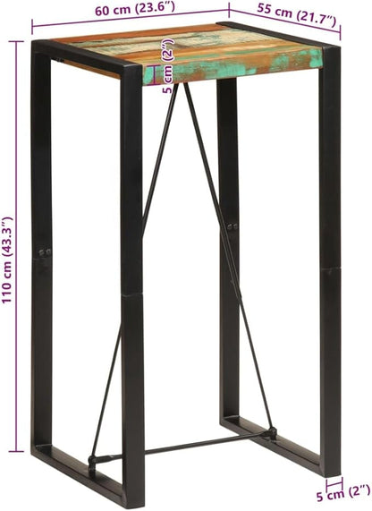 Industrial Bar Table, Reclaimed Wood & Metal, 23.6 in Length, Multicolor Finish, Rectangular Indoor Outdoor Dining Table, 4-Person Capacity, Durable & Stylish