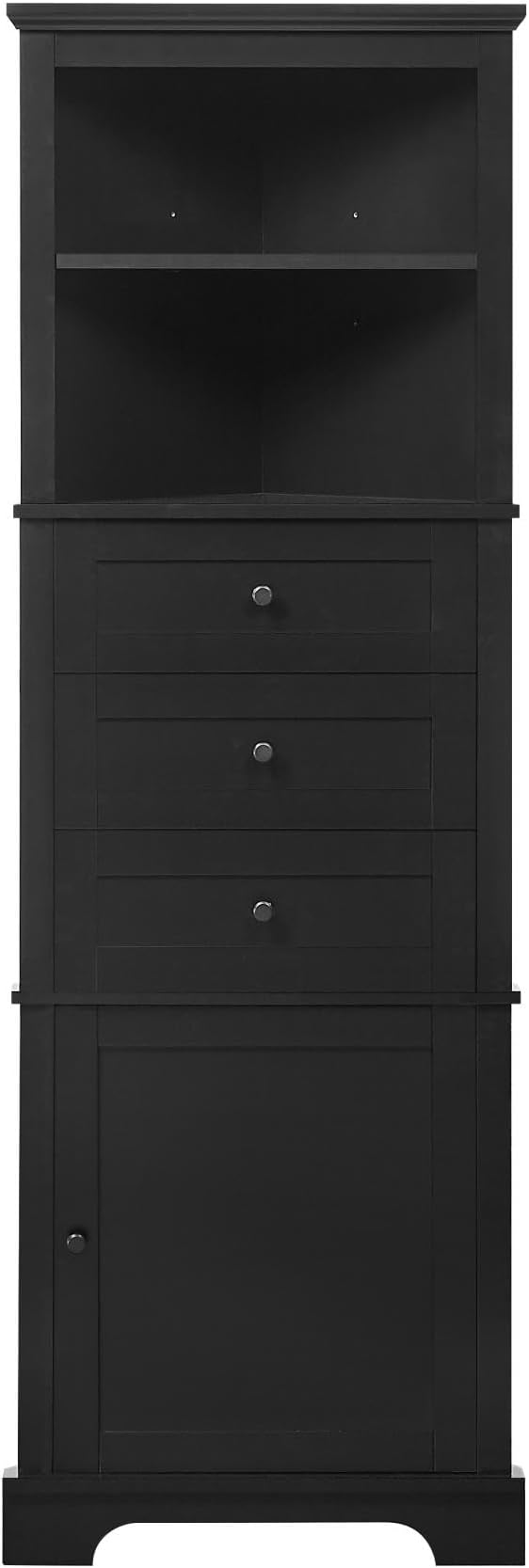 Storage Corner Cabinet with 3 Drawers and Door, Tall Line Pantry Home Space Saver for Bathroom, Living Room, Kitchen, Adjustable Shelf, Black