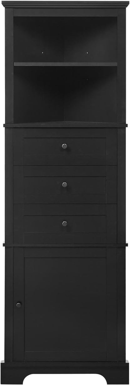 Storage Corner Cabinet with 3 Drawers and Door, Tall Line Pantry Home Space Saver for Bathroom, Living Room, Kitchen, Adjustable Shelf, Black
