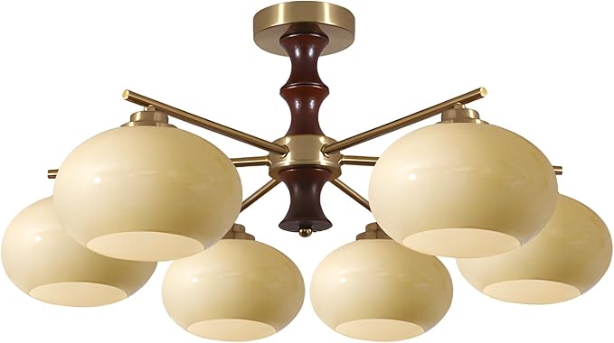 KCO Lighting Vintage Ceiling Mount Chandelier Mid Century Modern Entryway Ceiling Light Yellow Glass Globe Ceiling Light Fixture 6 Light Sputnik Gold Chandelier