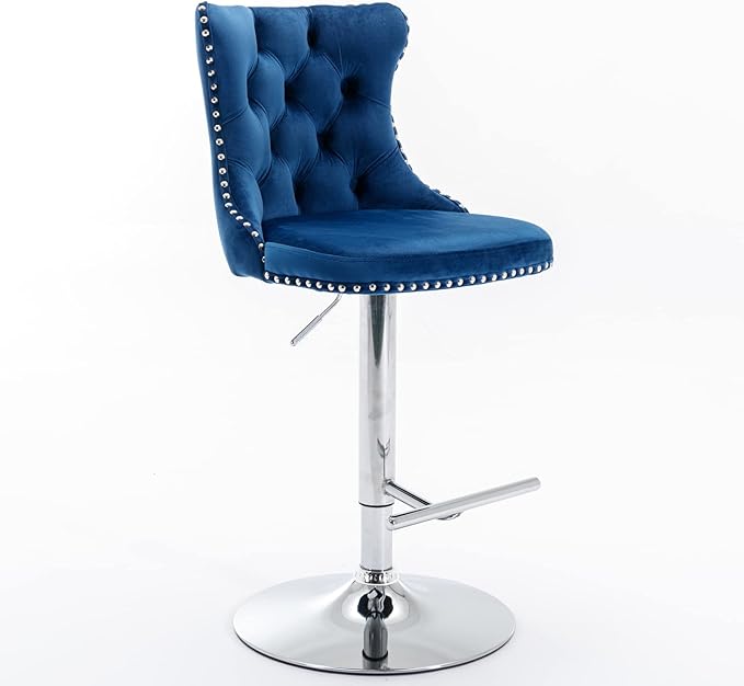 Swivel Velvet Bar stools Adjusatble Seat Height from 25 33 Inch, Chrome Base Bar Stools with Backs Comfortable Tufted for Home Pub and Kitchen Island,Set of 2,AS1712BL,Blue