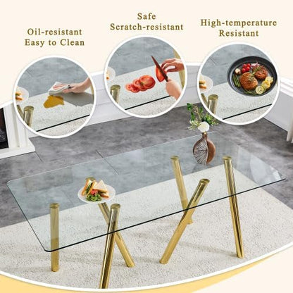 Donext 71" Rectangular Tempered Glass Dining Table, Sturdy Metal Legs, Modern Kitchen Dining Room Table, Easy to Clean, Gold