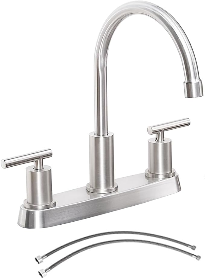 3 Hole Kitchen Faucet, Brushed Nickel Two Handles Kitchen Faucet, RV Kitchen Sink Faucet, 3 Hole or 4 Holel Faucet for Kitchen Sink TDLKF024W-L