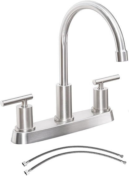 3 Hole Kitchen Faucet, Brushed Nickel Two Handles Kitchen Faucet, RV Kitchen Sink Faucet, 3 Hole or 4 Holel Faucet for Kitchen Sink TDLKF024W-L
