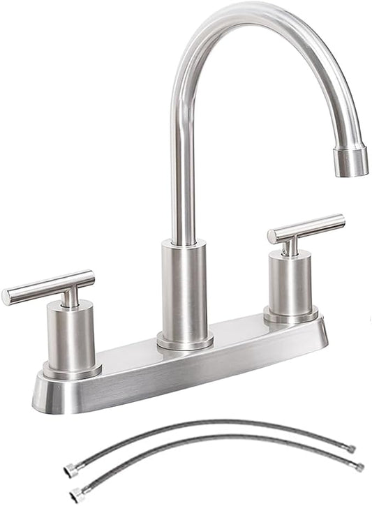 3 Hole Kitchen Faucet, Brushed Nickel Two Handles Kitchen Faucet, RV Kitchen Sink Faucet, 3 Hole or 4 Holel Faucet for Kitchen Sink TDLKF024W-L