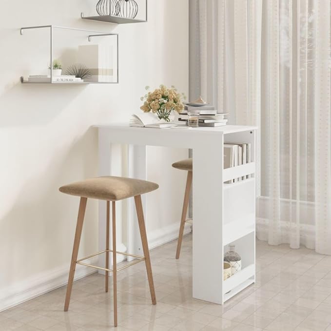White Engineered Wood Bar Table, 40.2x19.7x40.7 Inch, Modern Rectangular Dining Kitchen Table with Storage Shelves, Matte Finish, for Home Parties