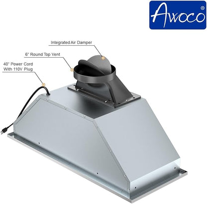 Awoco 14-1/2”D Built-in/Insert Stainless Steel Range Hood, 4-Speed, 650 CFM, LED Lights, Mesh Filters for Wood Hood (28"W 15"D Mesh Filters)