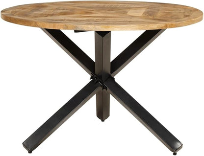 Round Solid Mango Wood Dining Table Brown with Black Metal Legs Rustic Finish for Small Spaces Kitchen Dining Room Compact Furniture