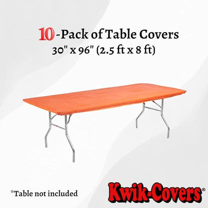 Kwik-Covers 10 Pack of Rectangular Plastic Table Covers - 6' Foot or 8' Foot Options - Indoor or Outdoor Fitted Table Covers (Table NOT Included) (Orange, 30" x 96" (8' ft))