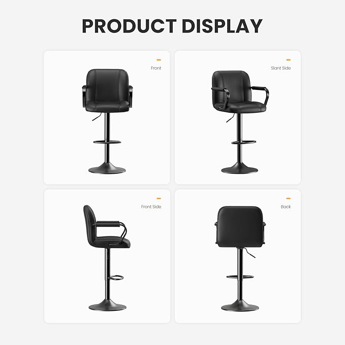MALOL Set of 2 Modern Bar Stools with Backs - Adjustable High Chairs for Kitchen Island, Barstools for Home Bar, Island Stools, Sillas Altas para Barra de Cocina, Black PU Leather