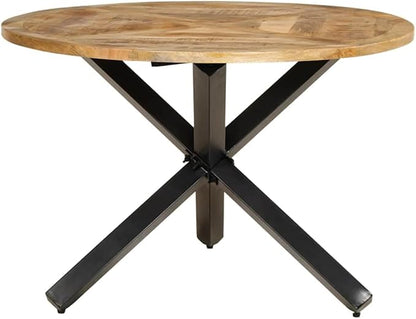 Rustic Solid Mango Wood Round Dining Table, Black Metal Legs, 43.3 Inch Diameter Seats 4, Kitchen Dining Room Dinner Table, Mesas de Comedor