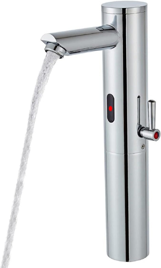 Automatic Touchless Bathroom Sink Faucet Tall Body Motion Activated Sensor Hands Free Commercial Brass Faucets Adjustable Cold Hot 1 Hole Single Handle Basin Vessel Auto Water Mixer（Chrome）