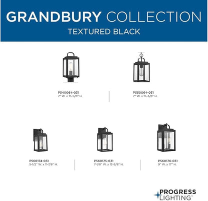 Progress Lighting Grandbury Collection 1-Light Clear Glass Farmhouse Outdoor Small Wall Lantern Light Textured Black, 11.88x5.5x6.5