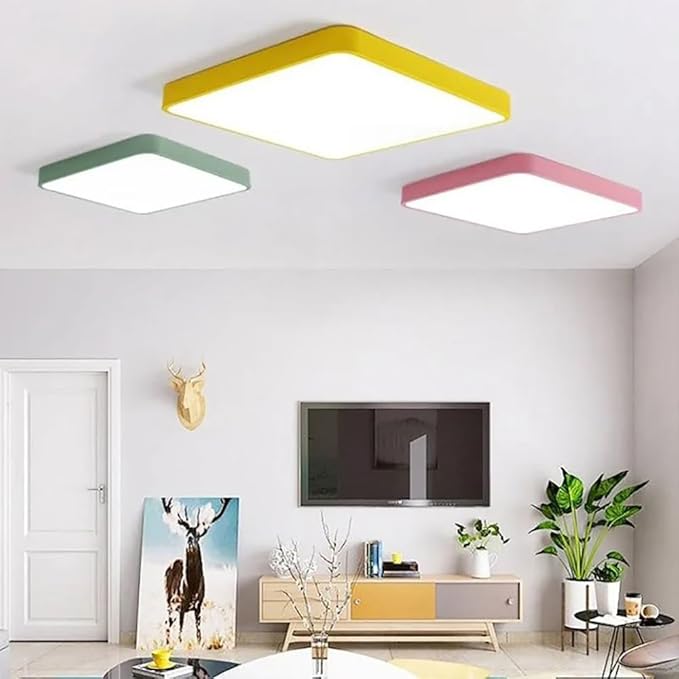 LED Ceiling Light Fixture,20 Inch Modern Square Recessed Ceiling Lights,Dimmable Light,48W Pink 3000K-6000K Close to Ceiling Lighting Flush Mount Living Room Bedroom
