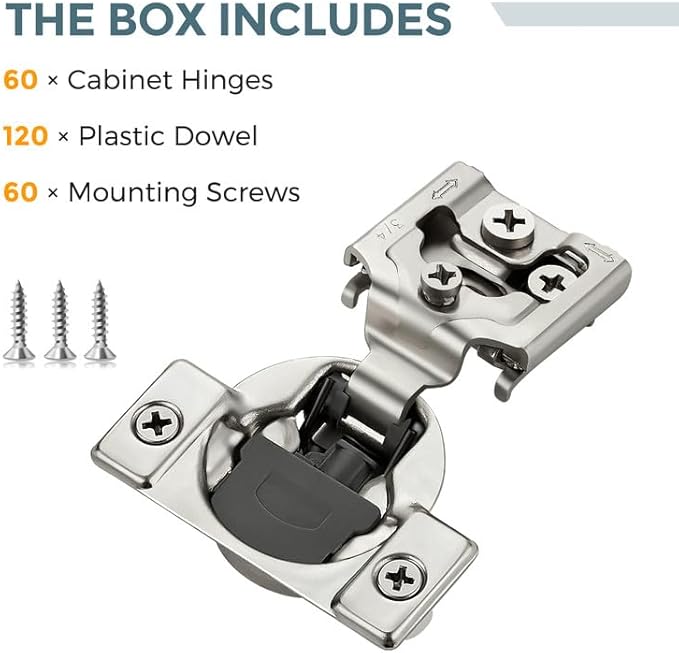 HOME EDIT 60 Pack 30 Pairs 3/4 inch Overlay Soft Close Cabinet Hinges for Kitchen, Stainless Steel Three-Way Adjustable, Concealed Self-Closing Door Hinges