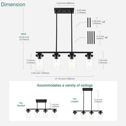 Kitchen Island Pendant Light,4-Light Dining Room Light Fixtures Over Table Vintage Black Flush Mount Ceiling Hanging Lighting with Glass Shade for Kitchen Island Dining Living Room