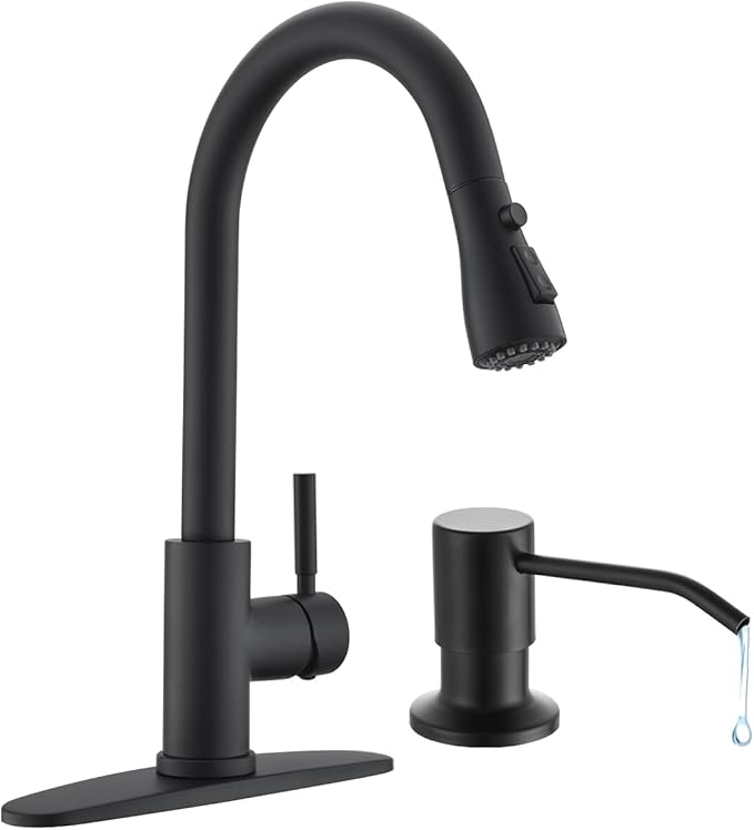 Arofa Kitchen Faucet with Soap Dispenser, Stainless Steel Kitchen Sink Faucet with Pull Down Sprayer 3 Mode Single Handle Gooseneck Pull Out Kitchen Faucet, Matte Black Bathroom Sink Faucet