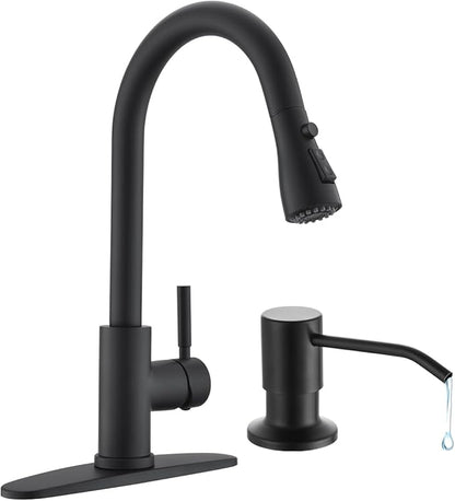 Arofa Kitchen Faucet with Soap Dispenser, Stainless Steel Kitchen Sink Faucet with Pull Down Sprayer 3 Mode Single Handle Gooseneck Pull Out Kitchen Faucet, Matte Black Bathroom Sink Faucet