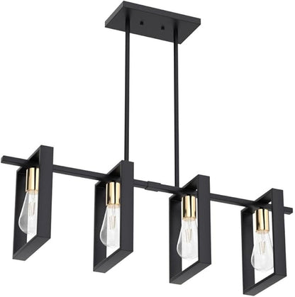 9MMML 4 Lights Wood Chandelier,Industrial Rectangle Linear Dining Room Pendant Light, Black Wood Frame+Gold E26 Socket,Kitchen Island Light for Hallway Bar Pool Table, Height Adjustable