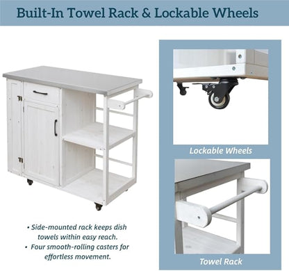 MERITLINE Outdoor Kitchen Island with Stainless Steel Top, Lockable Wheels & Towel Rack, Mobile BBQ Prep Cart with Hidden Cabinet, Drawer, Shelves for Patio, Garden, Backyard, White