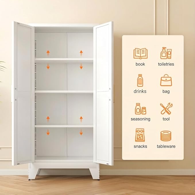 LCAOPC 61" Tall Metal Storage Cabinet with 2 Doors and 3 Adjustable Shelves, 4-Tier Kitchen Pantry Storage Cabinet for Kitchen, Living Room, Dining Room and Office, White