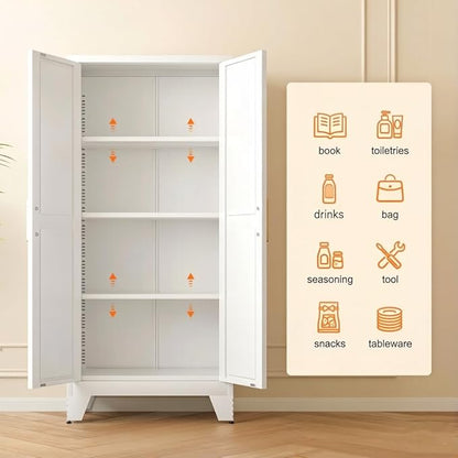LCAOPC 61" Tall Metal Storage Cabinet with 2 Doors and 3 Adjustable Shelves, 4-Tier Kitchen Pantry Storage Cabinet for Kitchen, Living Room, Dining Room and Office, White