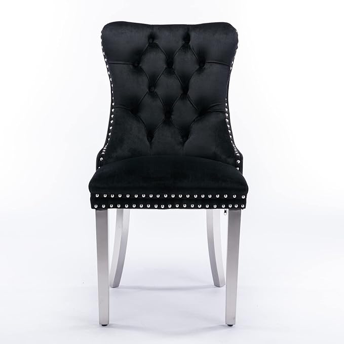 Ball & Cast Contemporary Upholstered Dining Chairs Set of 2, Velvet Button Tufted Kitchen Side-Chairs with Hang Ring & Nailhead Trims & Chrome Solid Wood Legs, 2-Piece Traditional Chair, Chrome+Black
