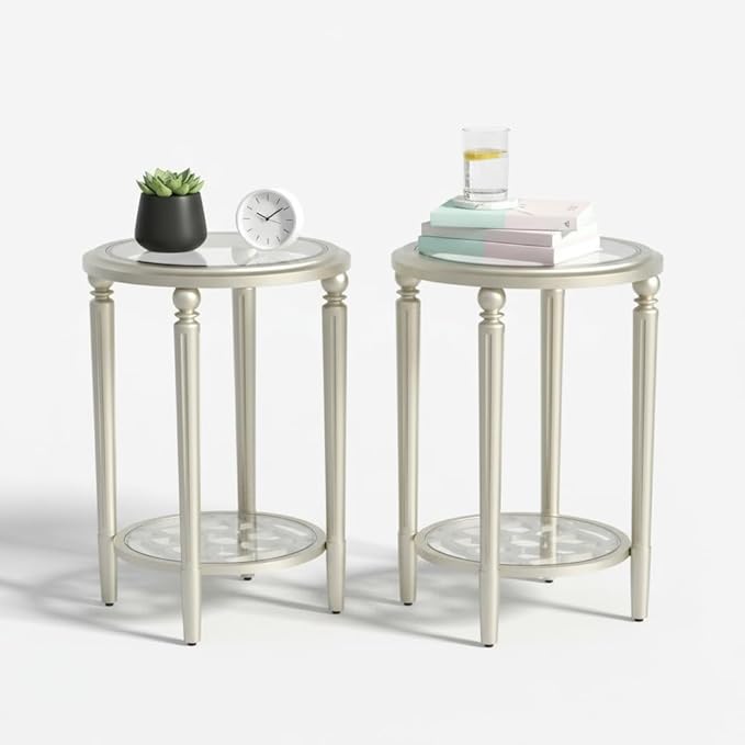 SUNBURY Set of 2 Modern End Tables with Tempered Glass Tops & Glass Lower Shelves, MDF Nightstands for Living Room, Bedroom, Dining Room (Champagne)