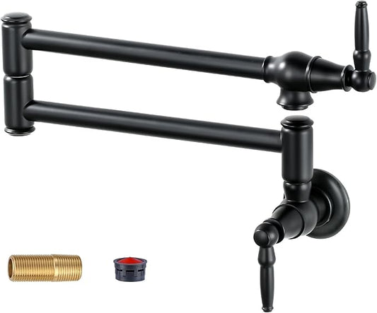 Pot Filler Faucet Matte Black: Solid Brass Wall Mount Heavy Duty Stove Pot Filler with Double Joint Swing Arms - Single Hole Commercial Folding Stretchable Faucet 2 Handles for Kitchen Restaurant