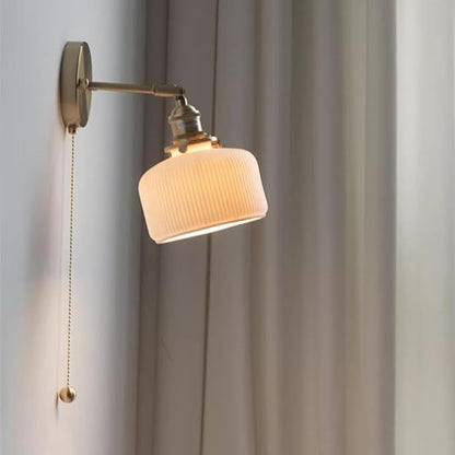Pull Chain Wall Sconce Ceramic Light Fixture Vintage Wall Sconces with Pull Chain Switch Brushed Gold Brass Sconce Lights Fixtures Retro White Striped Ceramic Sconce for Kitchen Sink