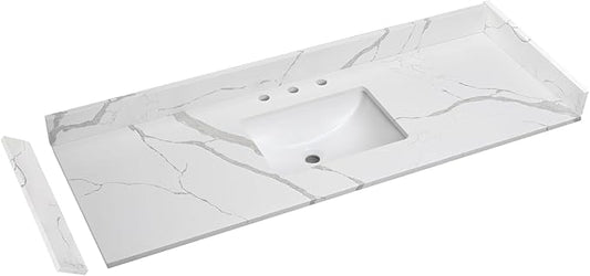 60 in.W x 22 in.D Quartz Calacatta River Vanity Top,with Undermount Middle Sink Vanity Top,with Two Sidesplash & One Backsplash,8 Inch Faucet Hole Spread Bathroom Vanity Sink Countertop